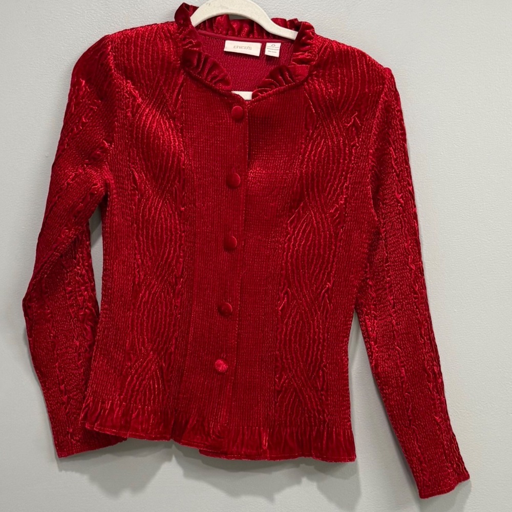 Chicos Red Textured Velvet Ruffle Cardigan Size 0 SM Holiday Festive whimsigoth